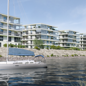 Visualisierung der Wohnanlage JOY AM UFER in Mannheim: mehrgeschossige Gebäude am Wasser, davor ein Segelboot