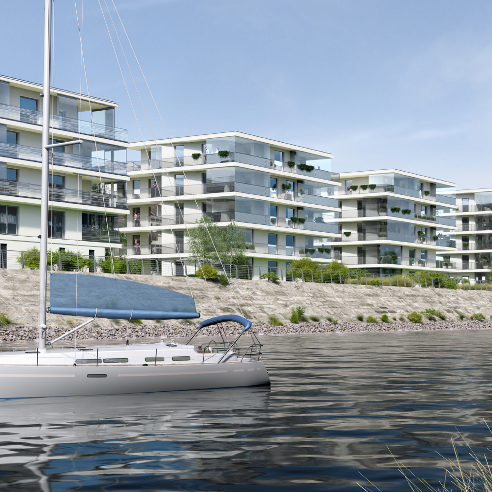 Visualisierung der Wohnanlage JOY AM UFER in Mannheim: mehrgeschossige Gebäude am Wasser, davor ein Segelboot