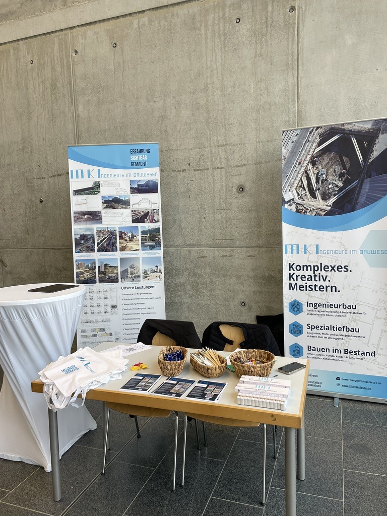 MKI-Messestand mit Roll-ups „Komplexes. Kreativ. Meistern.“ und Projektübersicht vor einer Betonwand